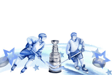 hockey players in action with sticks, pucks, silver hockey cup, award, blue splashes, stars, frame, template, hand drawn watercolor illustration of ice sport theme, for hockey matches decoration