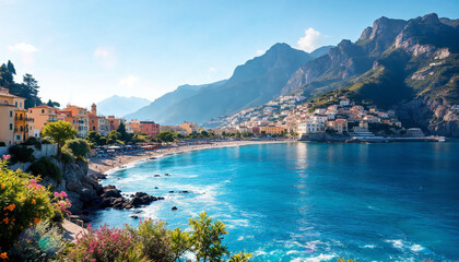 Fototapeta premium Stunning coastal view of a vibrant town along the Amalfi Coast under clear blue skies during a sunny afternoon