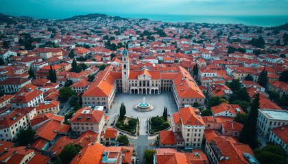 Naklejka premium Stunning aerial view of a historic town with red-tiled rooftops and a central square surrounded by greenery