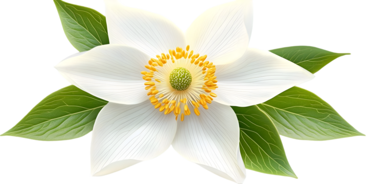 Isolated Photo of a White Flower with Yellow Stamens and Green Leaves