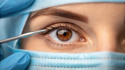 Eye Transplant. Corneal Transplant Close-up of an eye being examined with a surgical tool, showcasing precision in a medical setting.