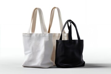 Three tote bags made of canvas and synthetic materials on an isolated white background.