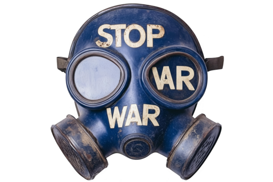 Isolated Photo Of An Old Blue Gas Mask With The Words Stop War
