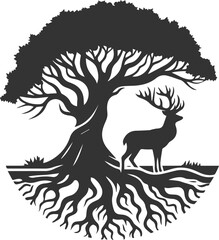 Deer with forest tree vector silhouette