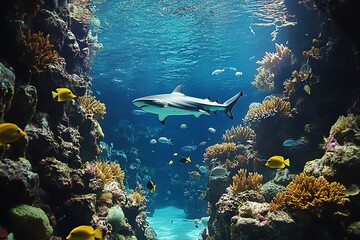 Fototapeta premium A graceful shark glides through a colorful underwater scene filled with coral and fish. Perfect for marine life and aquarium stock photography.
