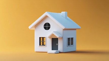 This cute square white house made of pottery showcases a simple, charming design with a warm background highlighting its features