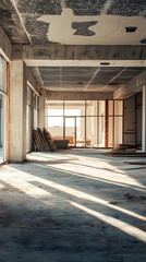 Renovation process in abandoned building urban area interior photography sunlit environment wide angle transformation concept