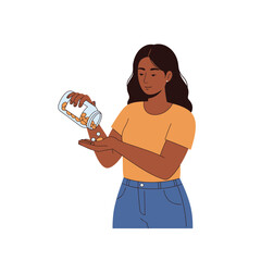 Taking Supplements: A woman pours pills from a transparent bottle into her palm, illustrating a focus on well-being and health, captured in a flat, illustrative style.