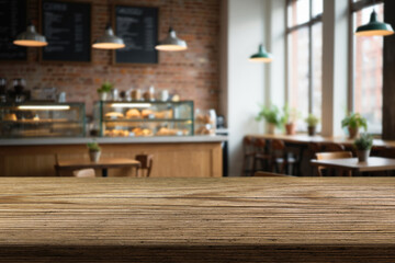 Empty wooden table and blurred background of abstract in front of restaurant or coffee shop for display of product or for montage.