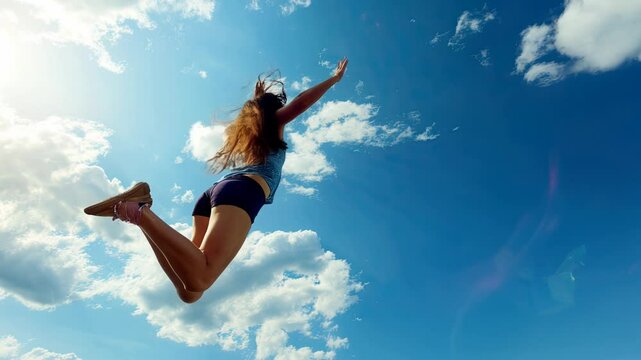 A cheerful and joyful woman leaps high into the air, celebrating life under a bright sunny sky with fluffy clouds