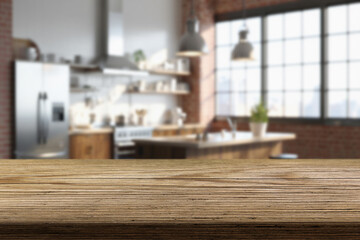 Empty wood tabletop counter on interior in clean and bright kitchen background, for display, Banner, for product montage