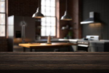 Beautiful dark brown countertop in the foreground and blurred background of loft style kitchen