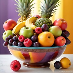 A colorful fruit bowl overflowing with exotic fruits