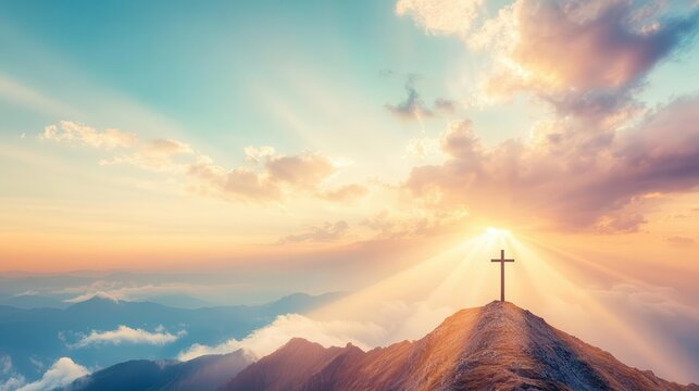A serene mountaintop with a lone cross and heavenly light streaming through clouds
