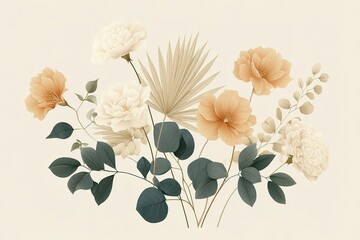 Floral arrangement featuring delicate blooms and foliage in soft pastel tones on a neutral background