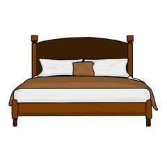 Wooden Brown Bed with Pillows and Blanket Illustration