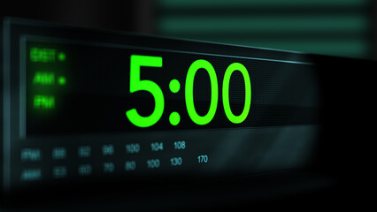 Camera pans across old digital clock as time arrives at 5 AM - Green Version