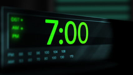 Camera pans across old digital clock as time arrives at 7 AM - Green Version