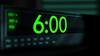 Camera pans across old digital clock as time arrives at 6 AM - Green Version