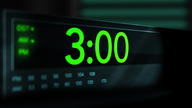 Camera pans across old digital clock as time arrives at 3 AM - Green Version