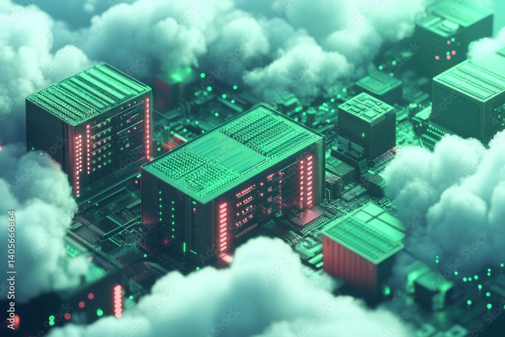 Poster server hardware with glowing lights is linked through a network, creating a tech landscape that rese