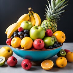 A colorful fruit bowl overflowing with exotic fruits