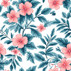 vibrant floral pattern featuring pink hibiscus flowers and lush green leaves, creating tropical and lively atmosphere. Perfect for summer themed designs