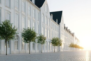 Obraz premium Bright sunrise illuminates elegant white buildings along a tranquil street with lined trees