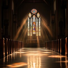 Sunlit church interior stained glass window architecture design