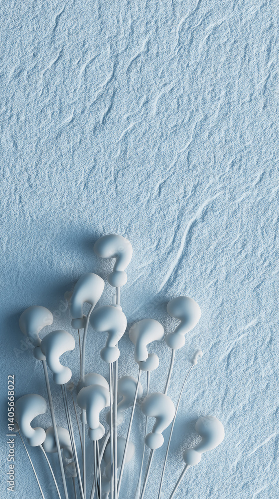 Poster light blue textured background with multiple white question marks forming a bouquet-like arrangement