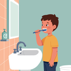 Young boy brushing his teeth in a bright bathroom with flat design elements and cheerful colors, showcasing daily hygiene routine in vector art