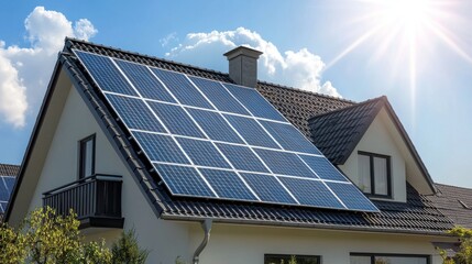 Solar energy system with photovoltaic solar cell panels on house roof (3D Rendering)
