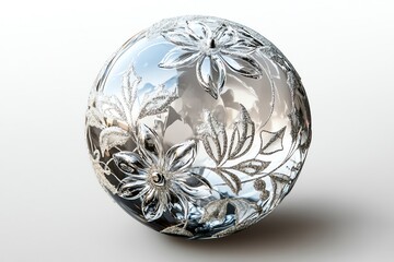 Elegant silver glass Christmas ball features intricate floral etching and glitter accents Perfect for holiday decorating and festive celebrations