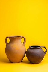 Ancient pottery highlighted by a radiant yellow background, evoking elegance and cultural artistry in a serene mood

