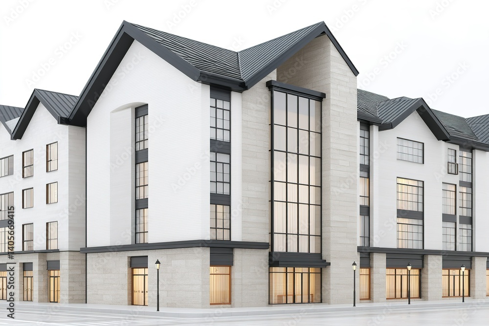 Poster modern architectural design of a mixed-use building in an urban area with large glass windows reflec