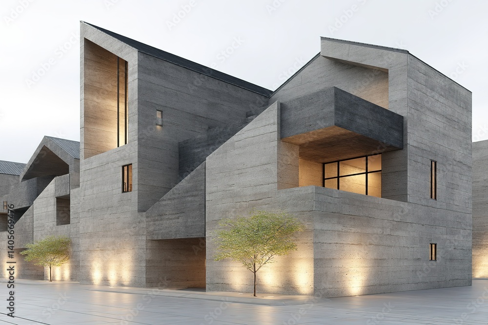 Poster modern architectural design showcases angular concrete structures at dusk in an urban setting