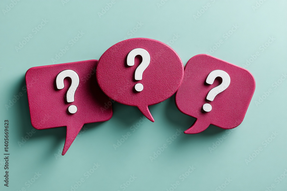 Poster three crimson speech bubbles with white question marks, arranged on a teal background, representing 