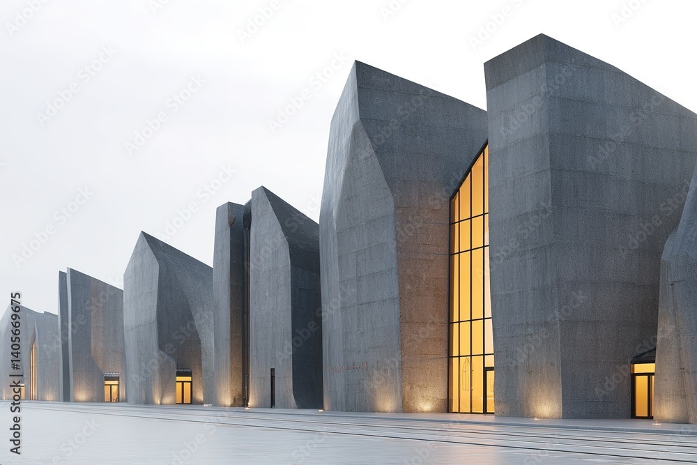 Poster modern architectural design featuring angular concrete structures in a urban landscape during twilig