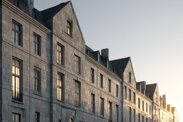 Fototapeta premium Sunset light illuminating classic stone architecture along a historic street in a quaint urban setting