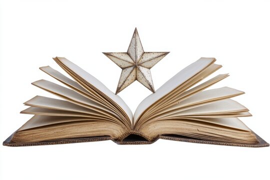 Antique book open, star above