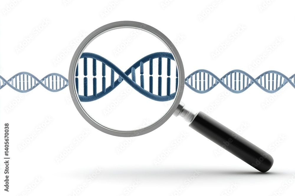 Poster exploring genetic structure with a magnifying glass highlighting a dna double helix