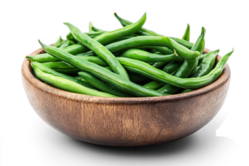 Fresh green beans sit in a rustic wooden bowl, showcasing their vibrant color and natural texture, ready for healthy meal preparation
