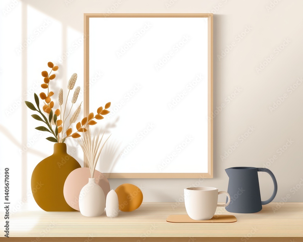 Poster minimal urban picnic illustration with stylish vases and empty frame on neutral background