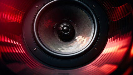 A detailed view of a speaker lit by a bright red light, suitable for music or presentation visuals