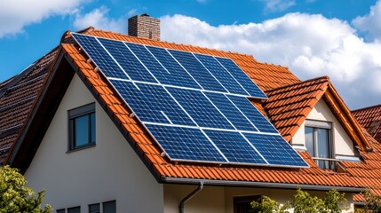 Fototapeta premium solar panels on the roof of the house. Solar panels in support of green energy. Solar power for communities. Photovoltaic panels being charged by the sun