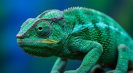 Obraz premium Vibrant Green Chameleon: Close-up Portrait, Jewel-toned Scales
