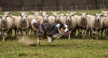 Sheepdog trials, Border collie running to herd sheep during sheepdog trials, dynamic action in a grassy field, copy space