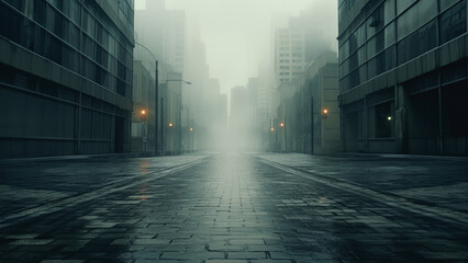 Abandoned city street covered in thick fog, perfect for mystery or thriller scenes