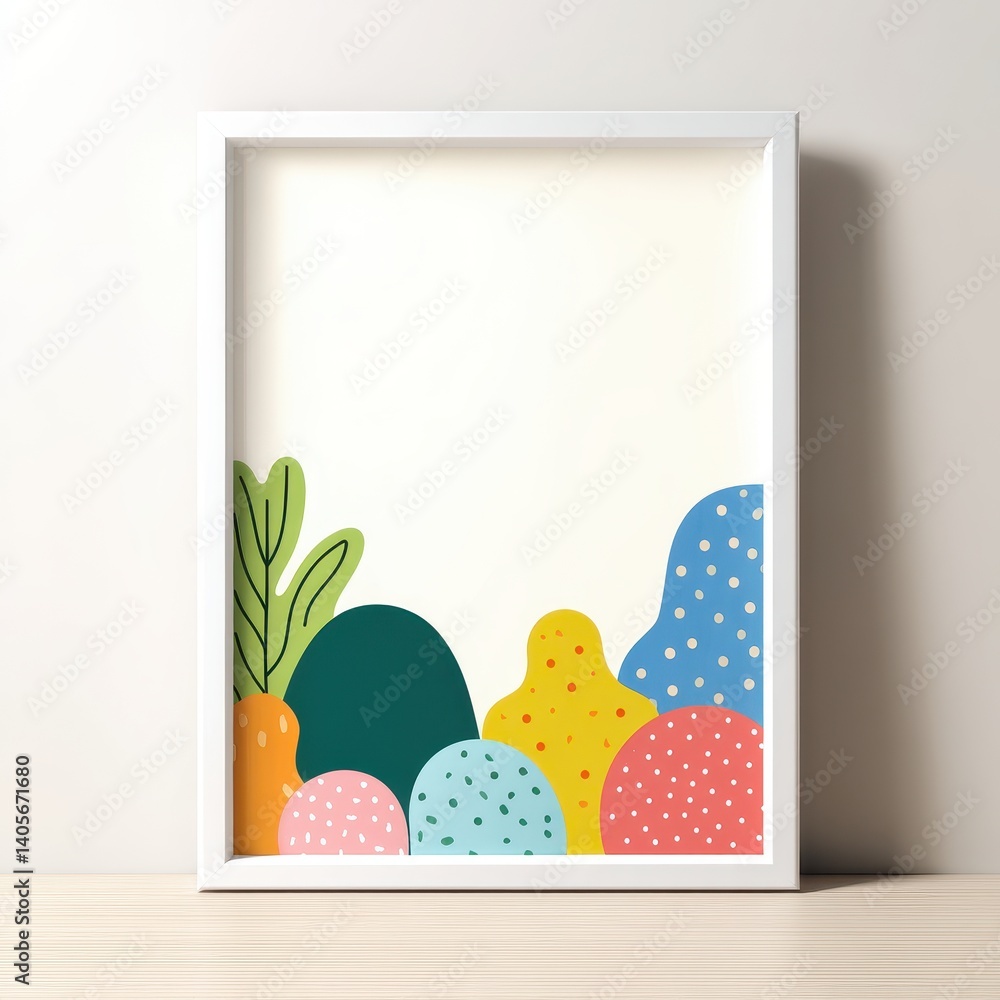 Aufkleber colorful abstract shapes with greenery in a minimalistic frame for midyear reflection concept