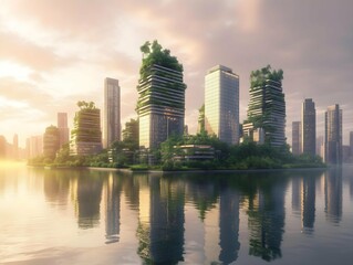 Fototapeta premium Futuristic Green Cityscape with Eco-Friendly Architecture Reflected on Water at Sunrise